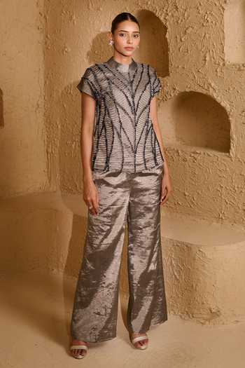 Buy_Vedangi Agarwal_Grey Tissue Embroidery High Neck Hand Top And Pant Set _at_Aza_Fashions