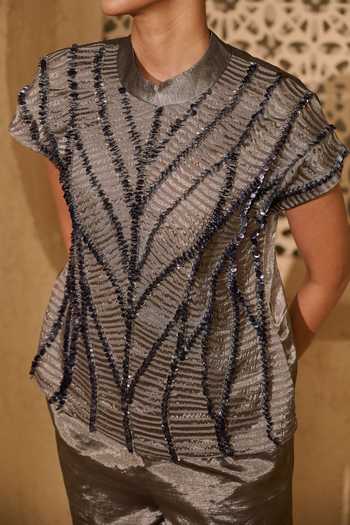 Vedangi Agarwal_Grey Tissue Embroidery High Neck Hand Top And Pant Set _at_Aza_Fashions