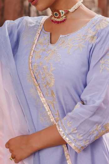 Buy_Bannhi By Priyanka Rathore_Purple Chanderi Embroidery, Gota Patti V-neck, No Aari Kurta Set _Online_at_Aza_Fashions
