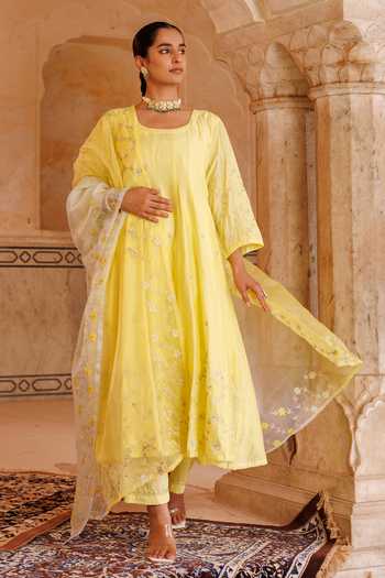 Buy_Bannhi By Priyanka Rathore_Yellow Chanderi Embroidery, Gota Patti Scoop Neck Anarkali Set _at_Aza_Fashions