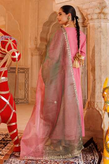 Shop_Bannhi By Priyanka Rathore_Pink Cotton Embroidery, Gota Patti, Lace Notched Neck Floral Vine Anarkali Set _at_Aza_Fashions