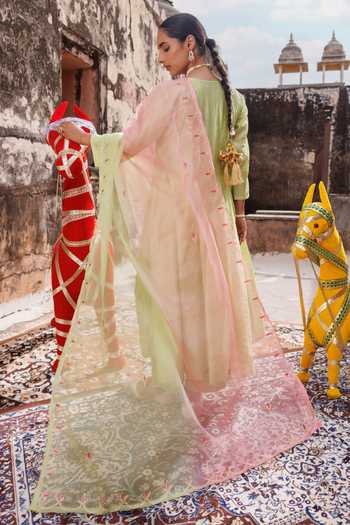 Shop_Bannhi By Priyanka Rathore_Green Chanderi Embroidery, Gota Patti Anarkali Set _at_Aza_Fashions
