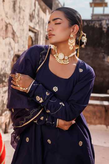 Bannhi By Priyanka Rathore_Blue Cotton Embroidery, Gota Patti Round Neck Anarkali Set _Online_at_Aza_Fashions