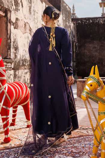 Shop_Bannhi By Priyanka Rathore_Blue Cotton Embroidery, Gota Patti Round Neck Anarkali Set _at_Aza_Fashions