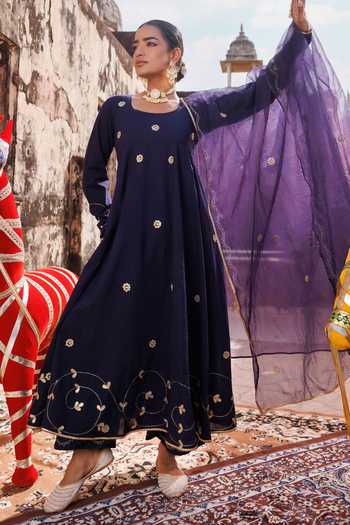 Shop_Bannhi By Priyanka Rathore_Blue Cotton Embroidery, Gota Patti Round Neck Anarkali Set _Online_at_Aza_Fashions