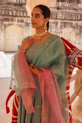 Bannhi By Priyanka Rathore_Green Cotton Embroidery Round Neck Anarkali Set _at_Aza_Fashions