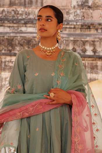 Shop_Bannhi By Priyanka Rathore_Green Cotton Embroidery Round Neck Anarkali Set 