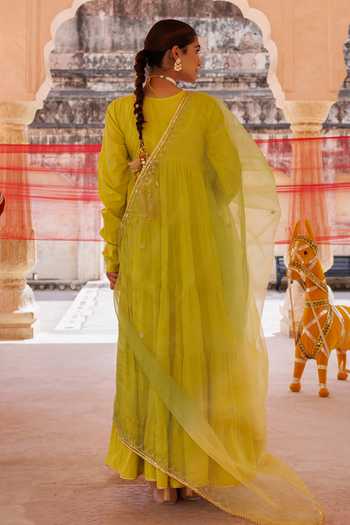 Shop_Bannhi By Priyanka Rathore_Green Cotton Embroidery, Zari High , Keyhole Tiered Anarkali Set _at_Aza_Fashions