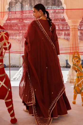 Shop_Bannhi By Priyanka Rathore_Maroon Cotton Embroidery, Zari V-neck Anarkali Set _at_Aza_Fashions
