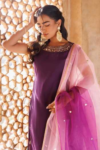 Buy_Bannhi By Priyanka Rathore_Wine Silk Embroidery Round Neck, Yes Hand Kurta Set _Online_at_Aza_Fashions