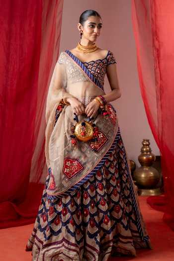 Shop_Baise Gaba_Multi Color Satin, Linen, Organza Embroidery Square Kalshi Scallop Lehenga Set _Online_at_Aza_Fashions