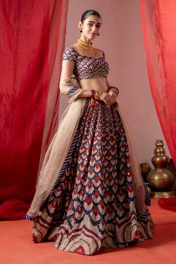 Buy_Baise Gaba_Multi Color Satin, Linen, Organza Embroidery Square Kalshi Scallop Lehenga Set 