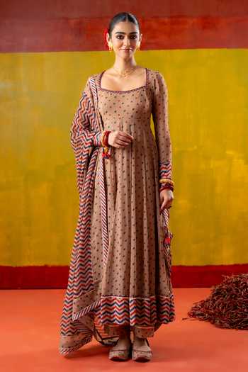 BAISE GABA_Beige Chiffon, Muslin Embroidery, Printed Square Neck Heena Anarkali Set _at_Aza_Fashions