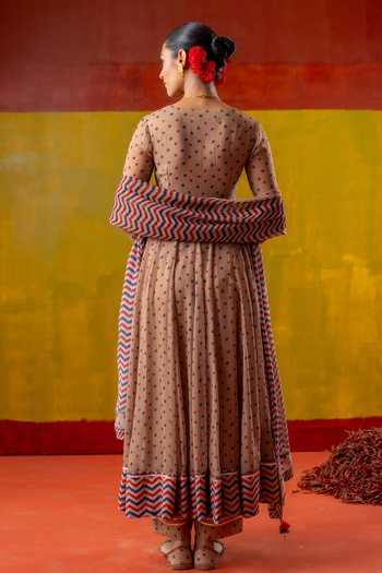 BAISE GABA_Beige Chiffon, Muslin Embroidery, Printed Square Neck Heena Anarkali Set _Online_at_Aza_Fashions