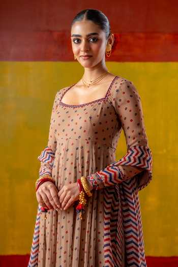 Buy_BAISE GABA_Beige Chiffon, Muslin Embroidery, Printed Square Neck Heena Anarkali Set 