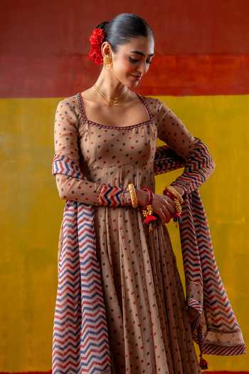Shop_BAISE GABA_Beige Chiffon, Muslin Embroidery, Printed Square Neck Heena Anarkali Set 