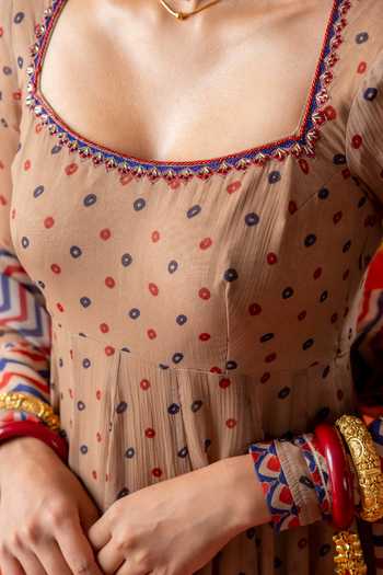 BAISE GABA_Beige Chiffon, Muslin Embroidery, Printed Square Neck Heena Anarkali Set _Online
