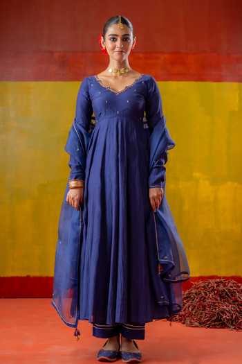 Buy_Baise Gaba_Blue Chanderi, Muslin, Organza Embroidery V-neck Jhanak Anarkali Set _Online_at_Aza_Fashions
