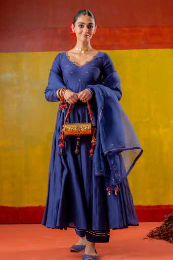 Shop_Baise Gaba_Blue Chanderi, Muslin, Organza Embroidery V-neck Jhanak Anarkali Set _Online_at_Aza_Fashions