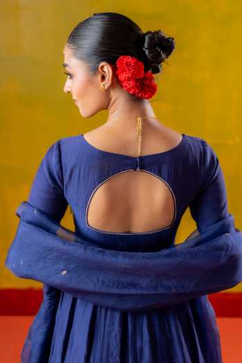Baise Gaba_Blue Chanderi, Muslin, Organza Embroidery V-neck Jhanak Anarkali Set _at_Aza_Fashions