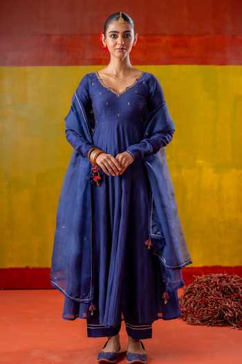 Shop_Baise Gaba_Blue Chanderi, Muslin, Organza Embroidery V-neck Jhanak Anarkali Set _at_Aza_Fashions