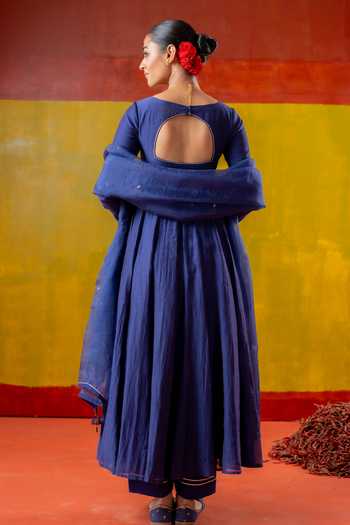 Baise Gaba_Blue Chanderi, Muslin, Organza Embroidery V-neck Jhanak Anarkali Set _Online_at_Aza_Fashions