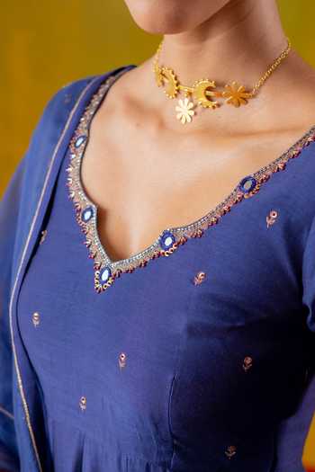 Shop_Baise Gaba_Blue Chanderi, Muslin, Organza Embroidery V-neck Jhanak Anarkali Set _Online