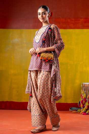 BAISE GABA_Multi Color Muslin, Chiffon Embroidery Crew Jhanjhar Scallop Print Kurta Set _Online_at_Aza_Fashions