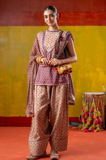 Shop_BAISE GABA_Multi Color Muslin, Chiffon Embroidery Crew Jhanjhar Scallop Print Kurta Set _Online_at_Aza_Fashions