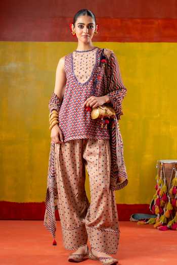 BAISE GABA_Multi Color Muslin, Chiffon Embroidery Crew Jhanjhar Scallop Print Kurta Set _at_Aza_Fashions