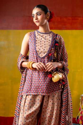 Shop_BAISE GABA_Multi Color Muslin, Chiffon Embroidery Crew Jhanjhar Scallop Print Kurta Set _Online