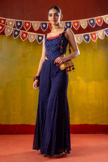 Buy_Baise Gaba_Blue Chiffon, Organza, Satin Mirrors, Gulshan Printed Corset Sharara Set 
