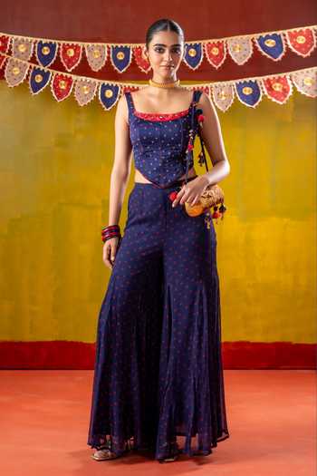 Buy_Baise Gaba_Blue Chiffon, Organza, Satin Mirrors, Gulshan Printed Corset Sharara Set _at_Aza_Fashions
