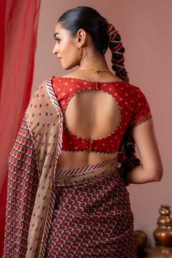 Shop_Baise Gaba_Red Muslin Embroidery, Sequins, Beads, Mirrors V-neck Ragini Blouse _Online_at_Aza_Fashions