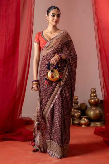 Shop_Baise Gaba_Red Muslin Embroidery, Sequins, Beads, Mirrors V-neck Ragini Blouse 
