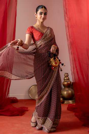 Buy_Baise Gaba_Red Muslin Embroidery, Sequins, Beads, Mirrors V-neck Ragini Blouse _Online
