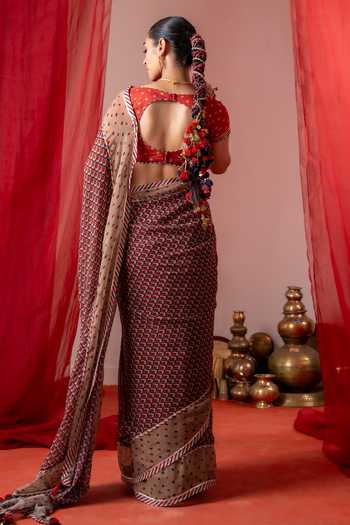 Baise Gaba_Red Muslin Embroidery, Sequins, Beads, Mirrors V-neck Ragini Blouse _Online_at_Aza_Fashions