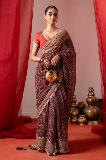 Shop_Baise Gaba_Red Muslin Embroidery, Sequins, Beads, Mirrors V-neck Ragini Blouse _Online