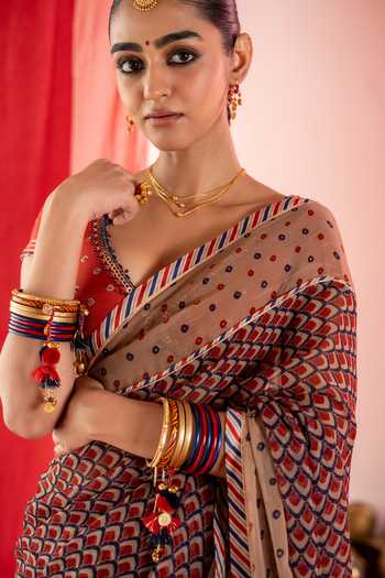 Baise Gaba_Red Muslin Embroidery, Sequins, Beads, Mirrors V-neck Ragini Blouse 