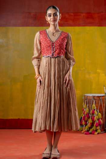 Baise Gaba_Beige Chanderi, Muslin Embroidery, Shagun Pleated Dress With Kesar Koti Jacket _Online_at_Aza_Fashions