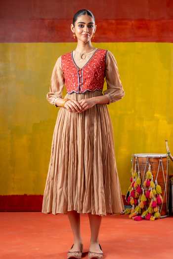 Buy_Baise Gaba_Beige Chanderi, Muslin Embroidery, Shagun Pleated Dress With Kesar Koti Jacket _at_Aza_Fashions