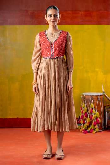 Buy_Baise Gaba_Beige Chanderi, Muslin Embroidery, Shagun Pleated Dress With Kesar Koti Jacket _Online_at_Aza_Fashions