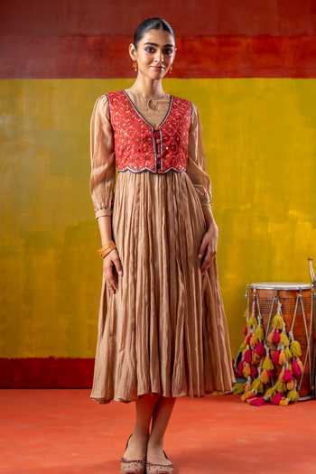 Shop_Baise Gaba_Beige Chanderi, Muslin Embroidery, Shagun Pleated Dress With Kesar Koti Jacket _Online_at_Aza_Fashions