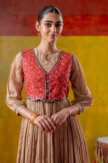 Baise Gaba_Beige Chanderi, Muslin Embroidery, Shagun Pleated Dress With Kesar Koti Jacket _at_Aza_Fashions