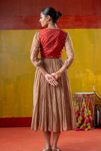 Shop_Baise Gaba_Beige Chanderi, Muslin Embroidery, Shagun Pleated Dress With Kesar Koti Jacket _at_Aza_Fashions