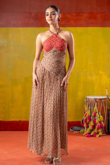 Buy_BAISE GABA_Red Chiffon Embroidery, Beads, Mirrors Halter Neck Bindiya Bandhani Print Dress _Online_at_Aza_Fashions