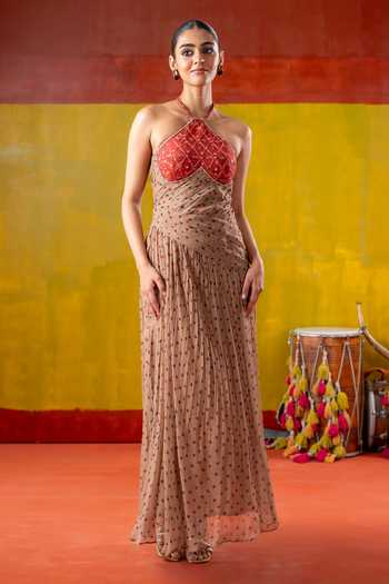 Shop_BAISE GABA_Red Chiffon Embroidery, Beads, Mirrors Halter Neck Bindiya Bandhani Print Dress _Online_at_Aza_Fashions