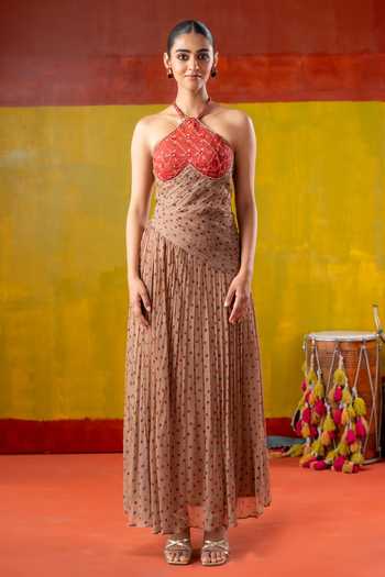 Buy_BAISE GABA_Red Chiffon Embroidery, Beads, Mirrors Halter Neck Bindiya Bandhani Print Dress 
