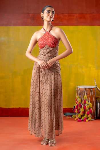 Shop_BAISE GABA_Red Chiffon Embroidery, Beads, Mirrors Halter Neck Bindiya Bandhani Print Dress 