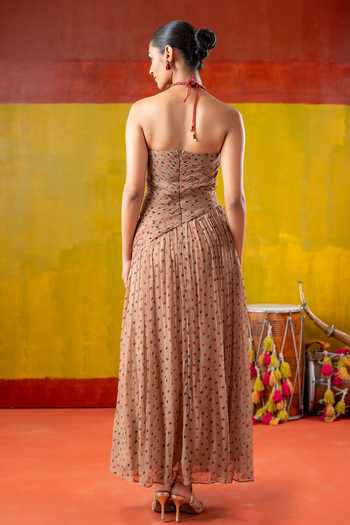 BAISE GABA_Red Chiffon Embroidery, Beads, Mirrors Halter Neck Bindiya Bandhani Print Dress _Online_at_Aza_Fashions